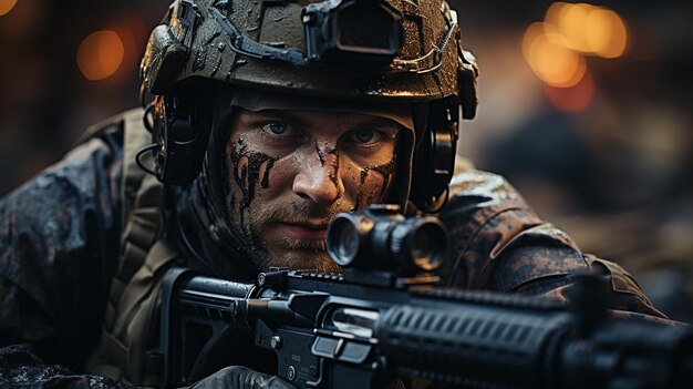 soldado en uniforme de camuflaje con pistola y rifle en el fondo