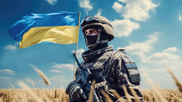 Un soldado con uniforme militar y una bandera ucraniana en un campo de trigo IA generativa