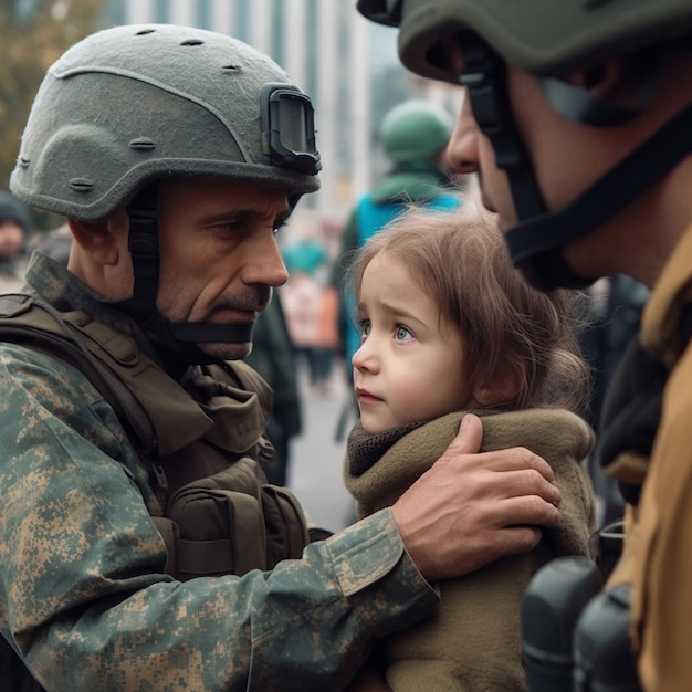 Soldado en uniforme militar consuela al pequeño niño indefenso concepto de paz