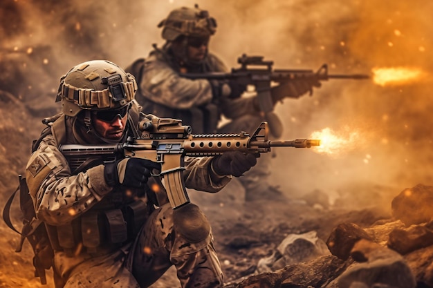 Un soldado con uniforme militar está disparando un fuego con la palabra ejército en la espalda.