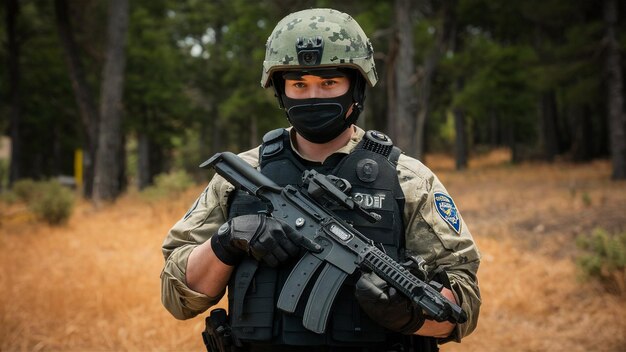 un soldado con un uniforme militar con la palabra "policía" en el frente