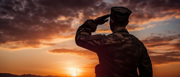 Foto un soldado con un uniforme militar de pie frente a una puesta de sol