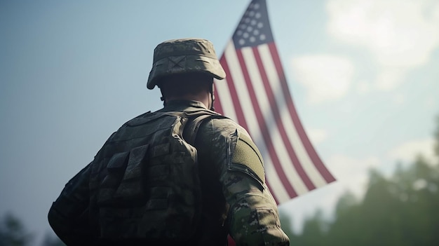 Soldado en uniforme militar sobre el fondo de la bandera estadounidense