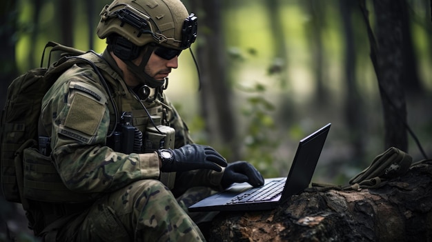 Soldado usando computador portátil durante operação militar na floresta