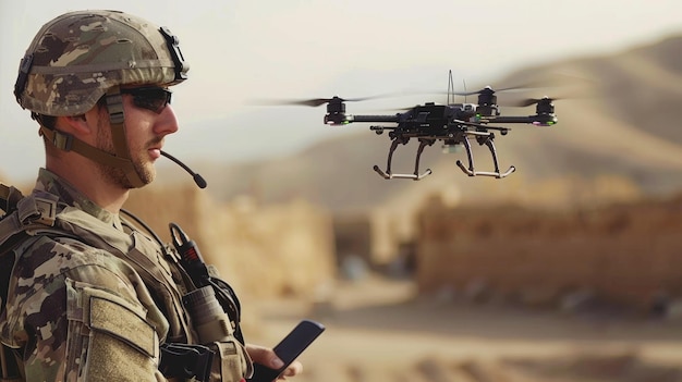 El soldado utiliza pequeños drones para la vigilancia del hombre militar controla los modernos UAV durante la guerra Concepto de tecnología de guerra de inteligencia del ejército