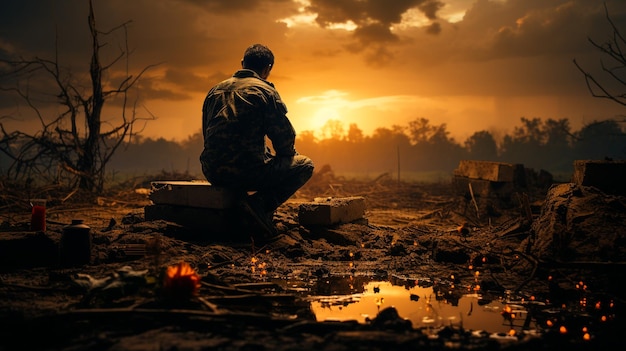 Foto soldado con una vela encendida por la noche