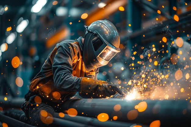 Foto soldador a trabalhar numa fábrica industrial soldando aço em meio a faíscas construção e fabricação de metais