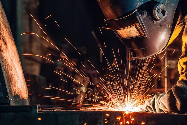 Soldador en fábrica trabajando en máquina para proceso de soldadura