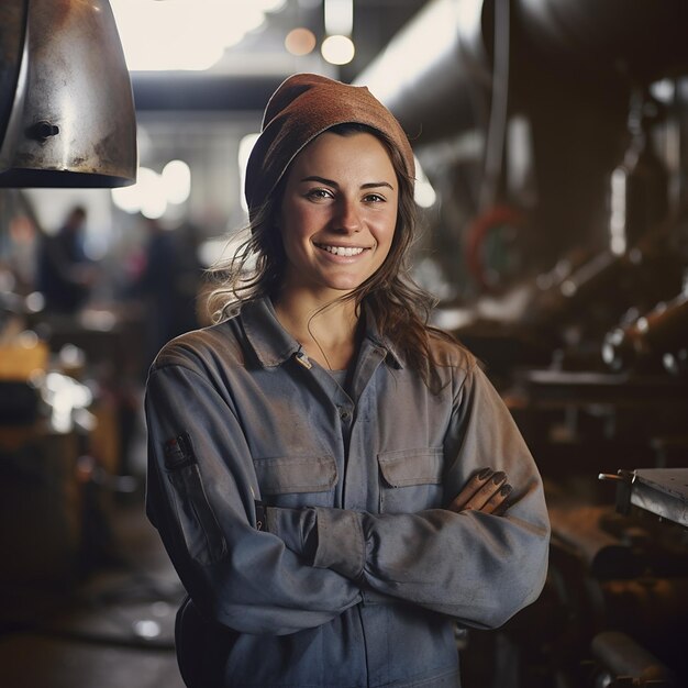 Soldador femenino sonriente en primer plano retrato