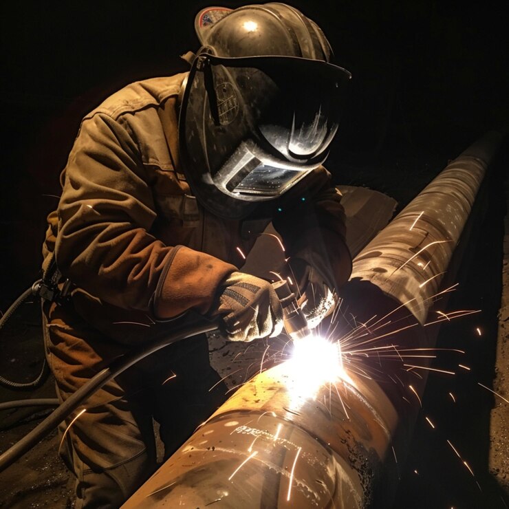 Un soldador con una máscara de protección para la soldadura de metales y guantes de protección realiza el trabajo de soldadura