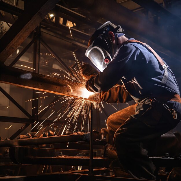 Soldador de metales artesanal en el trabajo en la construcción