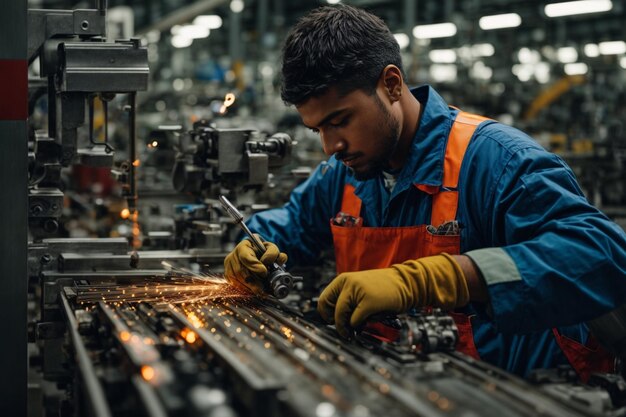 Soldador qualificado adotando segurança ocupacional em oficina de metal