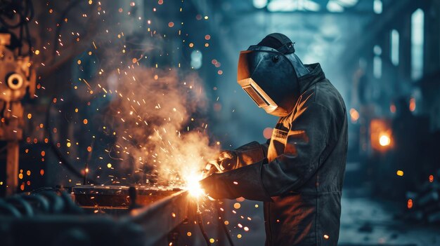 Un soldador trabajador con un traje de protección trabaja en la producción