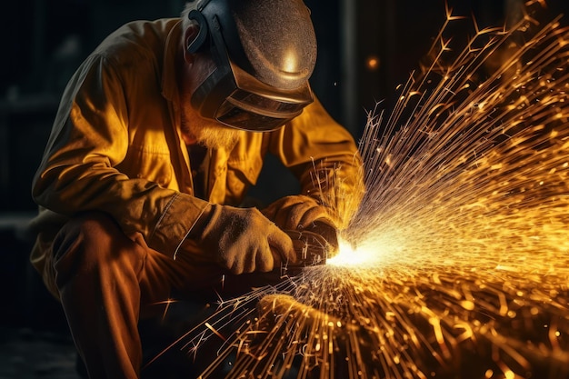 Soldador en el trabajo con chispas de casco protector sobre fondo oscuro IA generativa