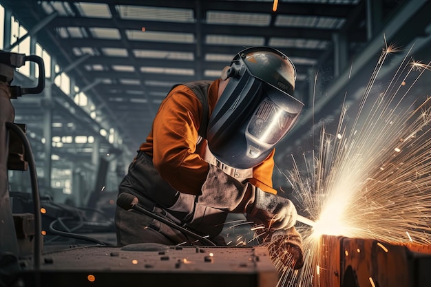 El soldador en el trabajo en la fábrica con ropa de protección y un casco AI generativa