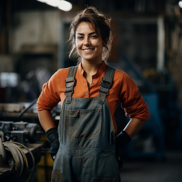 Una soldadora sonriente en una pose de retrato de cintura