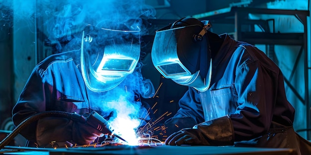 Soldadores na oficina usando capacetes e equipamentos de proteção durante a soldagem e moagem Conceito de soldagem Equipamento de segurança da oficina Capacetes de proteção Equipamento de moagem Uniformes de soldador