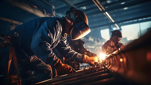 Foto soldadores que trabajan en vigas de acero