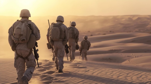 Foto soldados a caminhar na areia do deserto operação militar