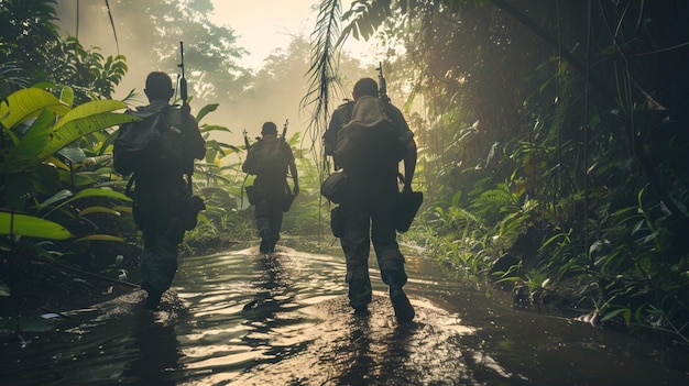 Foto soldados a caminhar numa floresta com as palavras 