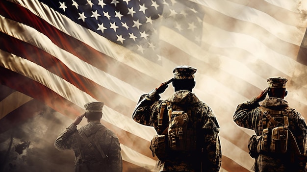 Soldados americanos cumprimentando com a bandeira nacional dos EUA no fundo do Dia dos Veteranos