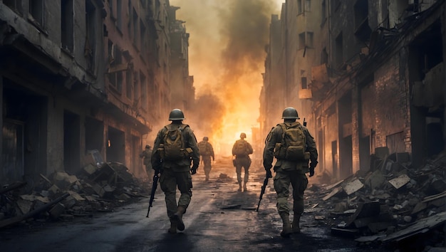 Soldados andando pelas ruas de uma cidade em ruínas