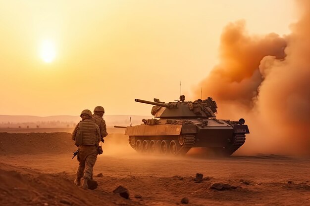 Foto soldados atravessam a zona de guerra com fogo e fumaça no deserto tanque das forças especiais militares