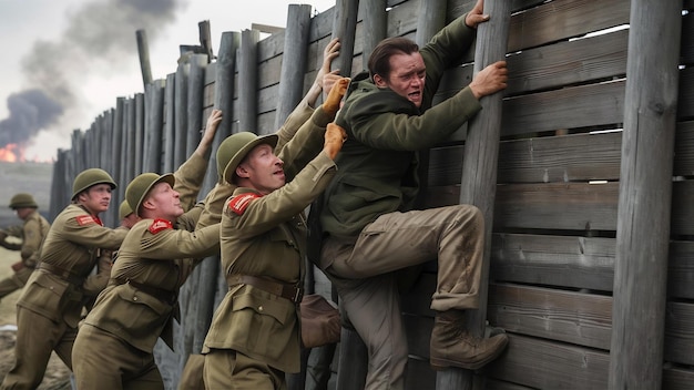 Foto soldados ayudando a un hombre a escalar una pared de madera