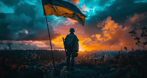 Soldados con la bandera nacional ucraniana en silueta contra un cielo al atardecer