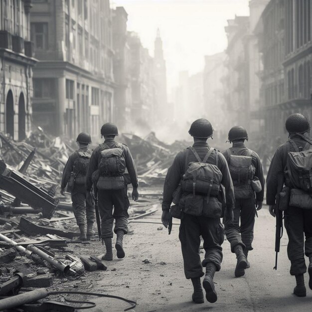 Soldados caminando por la calle de una ciudad en ruinas imágenes de guerra de Palestina e Israel