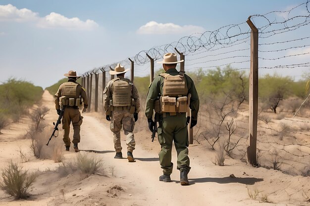 Foto soldados caminando por un camino con una valla de alambre de púas en el fondo