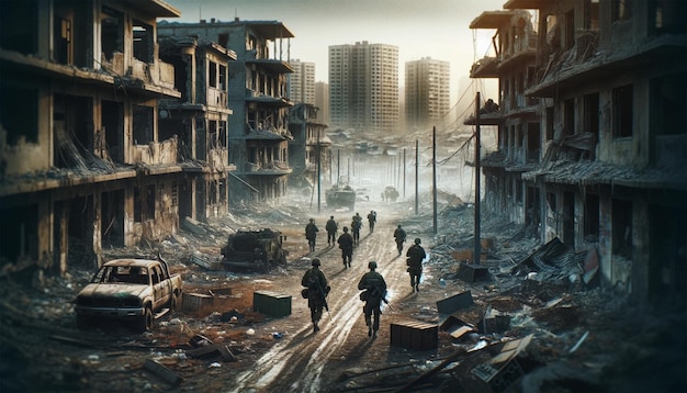 Soldados caminhando pelas ruínas de uma cidade destruída pela guerra