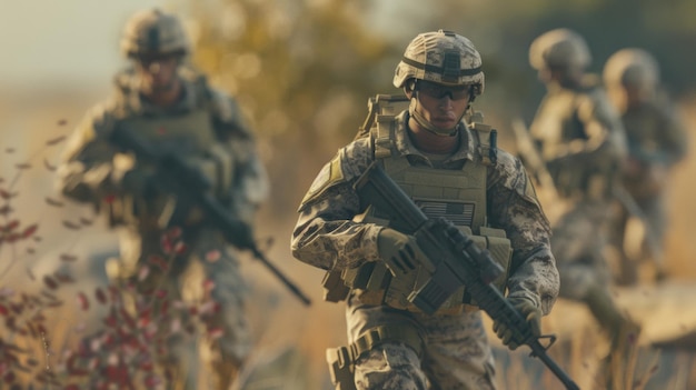 Soldados en camuflaje avanzando en formación táctica durante una misión