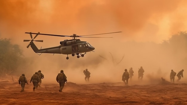 Soldados corriendo a través de una tormenta de arena Soldados abordando un avión militar cuando aterrizó en el monte e IA generativa