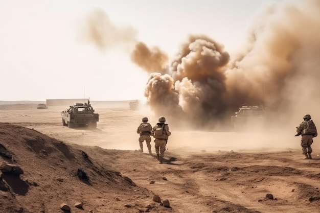 Soldados cruzam a zona de guerra com fogo e fumaça no tanque das forças especiais militares do deserto