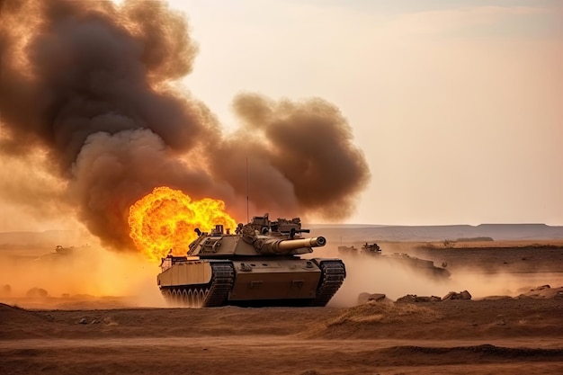 Soldados cruzam a zona de guerra com fogo e fumaça no tanque das forças especiais militares do deserto