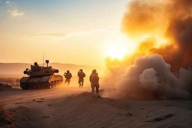 Los soldados cruzan la zona de guerra con fuego y humo en el desierto tanque de las fuerzas especiales militares