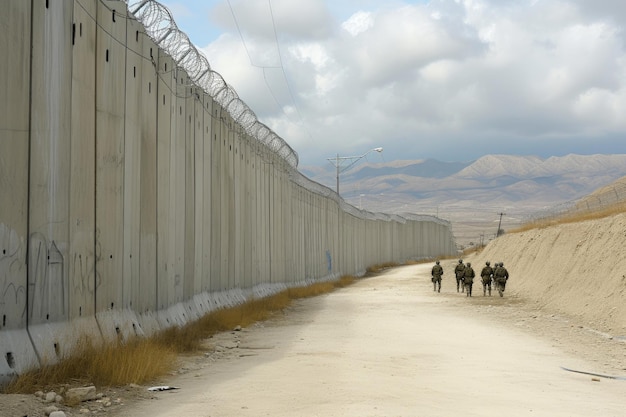 Foto soldados da fronteira nacional patrulhando um bastião de cimento