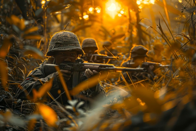 Soldados da Segunda Guerra Mundial em ação na Batalha da Selva