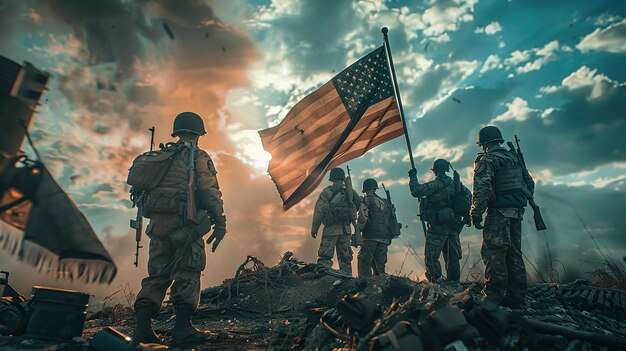 Foto soldados da segunda guerra mundial erguendo a bandeira