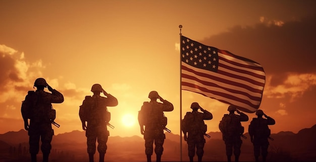 Los soldados dan honor a la bandera americana AI generativa
