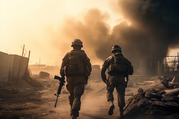Soldados das forças especiais militares são retratados atravessando uma zona de guerra destruída em meio a fogo e fumaça Generative AI