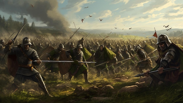 Foto soldados de guerra de batalha medieval em green valley