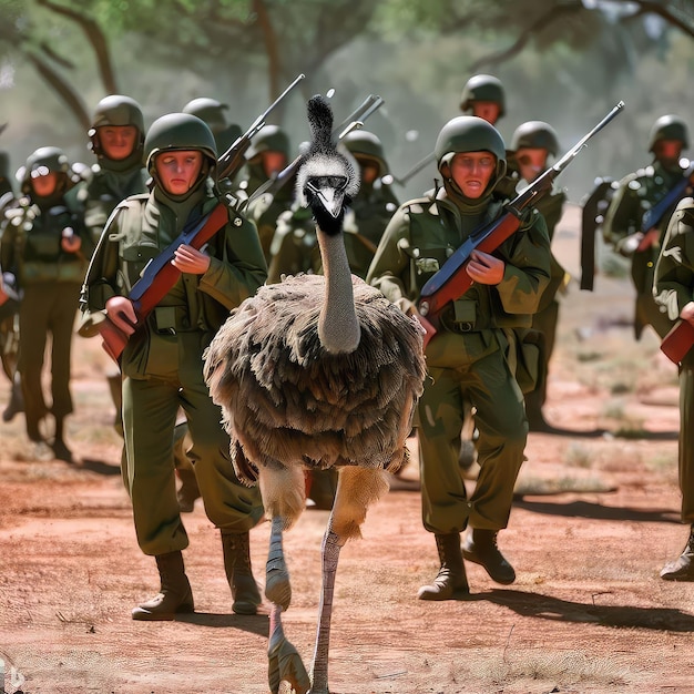 Foto soldados de uniforme verde com um avestruz andando na frente deles.