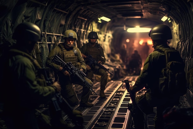 soldados dentro de um avião de carga militar