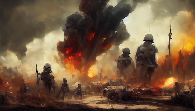 Soldados después de la guerra en el campo de batalla Arte digital Ilustración Pintura