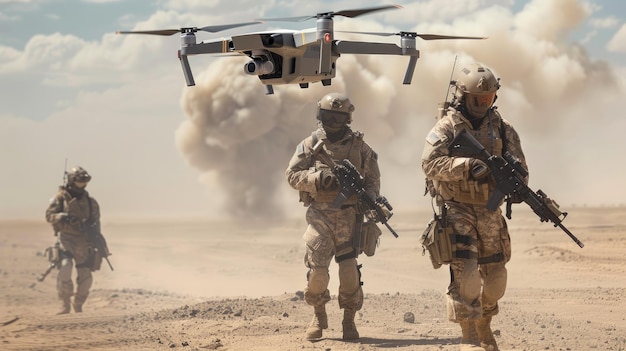 Soldados e drones no deserto durante a guerra militares caminham com armas usando modernos UAVs para vigilância Conceito de tecnologia de guerra de inteligência do exército dos EUA