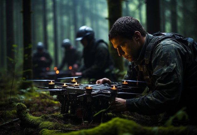 Soldados del ejército con drones en el bosque Un hombre arrodillado en el bosque trabajando en un dispositivo