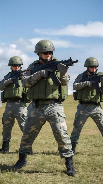 Soldados del ejército luchando con armas y defendiendo su país