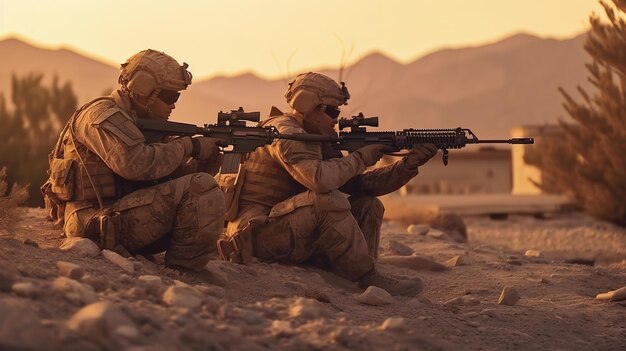 Foto soldados em missão no deserto.